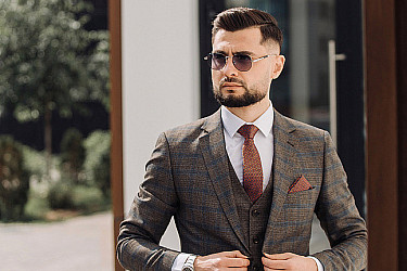 Мужской костюм тройка светло-коричневого цвета в синюю клетку