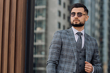 Мужской костюм тройка серого цвета в клетку