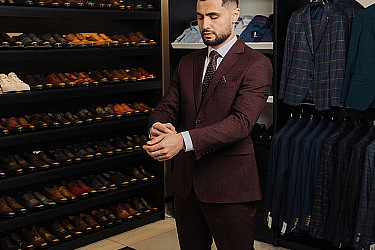 Мужской костюм тройка бордового цвета фактурный