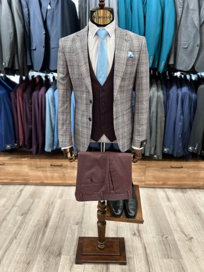Костюм MAZALTOVMAN 3-ка премиум Бордовый в клетку комбинированный